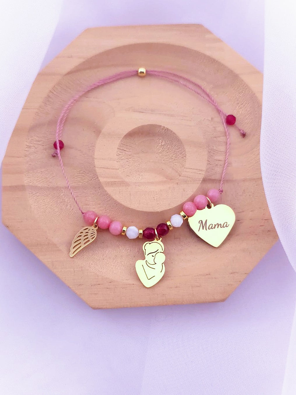 Bransoletka- mama- rubin, rodonit, kamień księżycowy