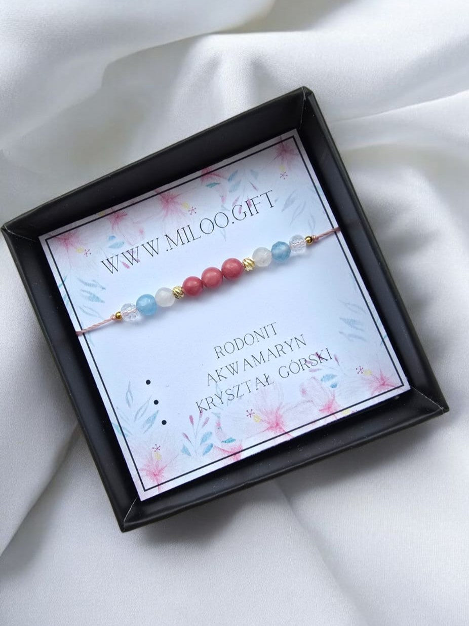 Bransoletka na sznurku- kryształ górski, rodonit, akwamaryn