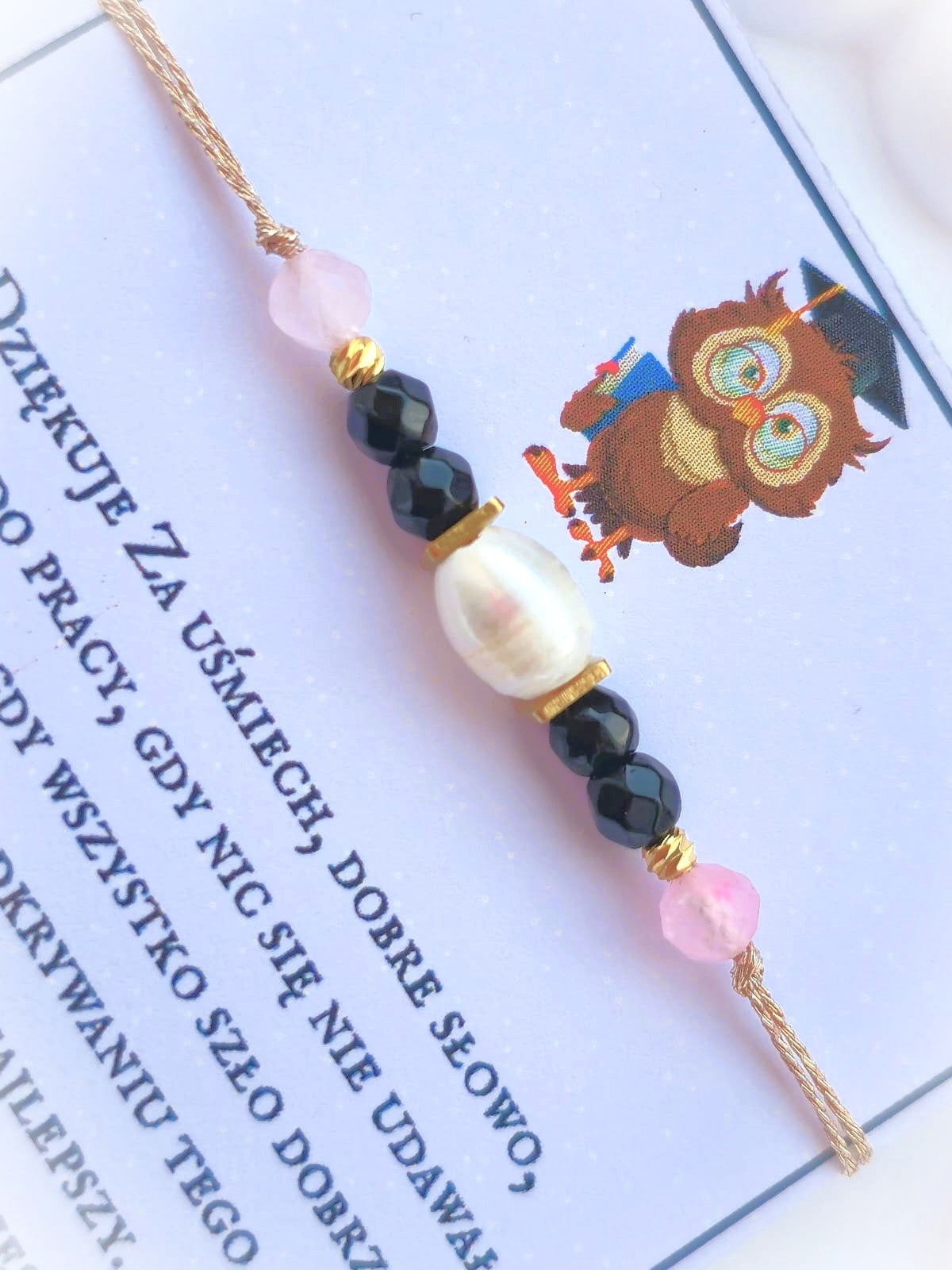 Bransoletka z perłą słodkowodną, onyksem i kwarcem różowym