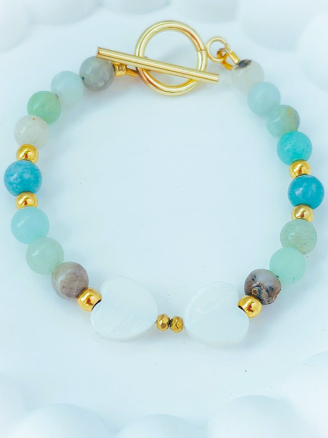 Bransoletka z amazonitem, masą perłową i hematytem