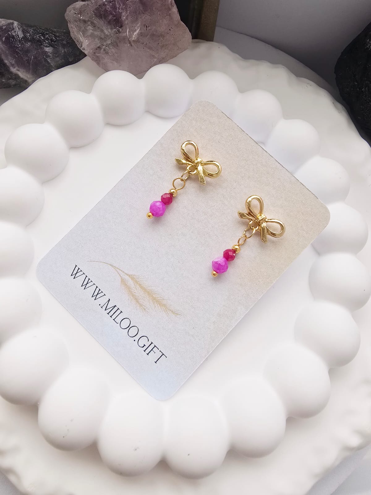 Kolczyki kokardki z różowym turmalinem