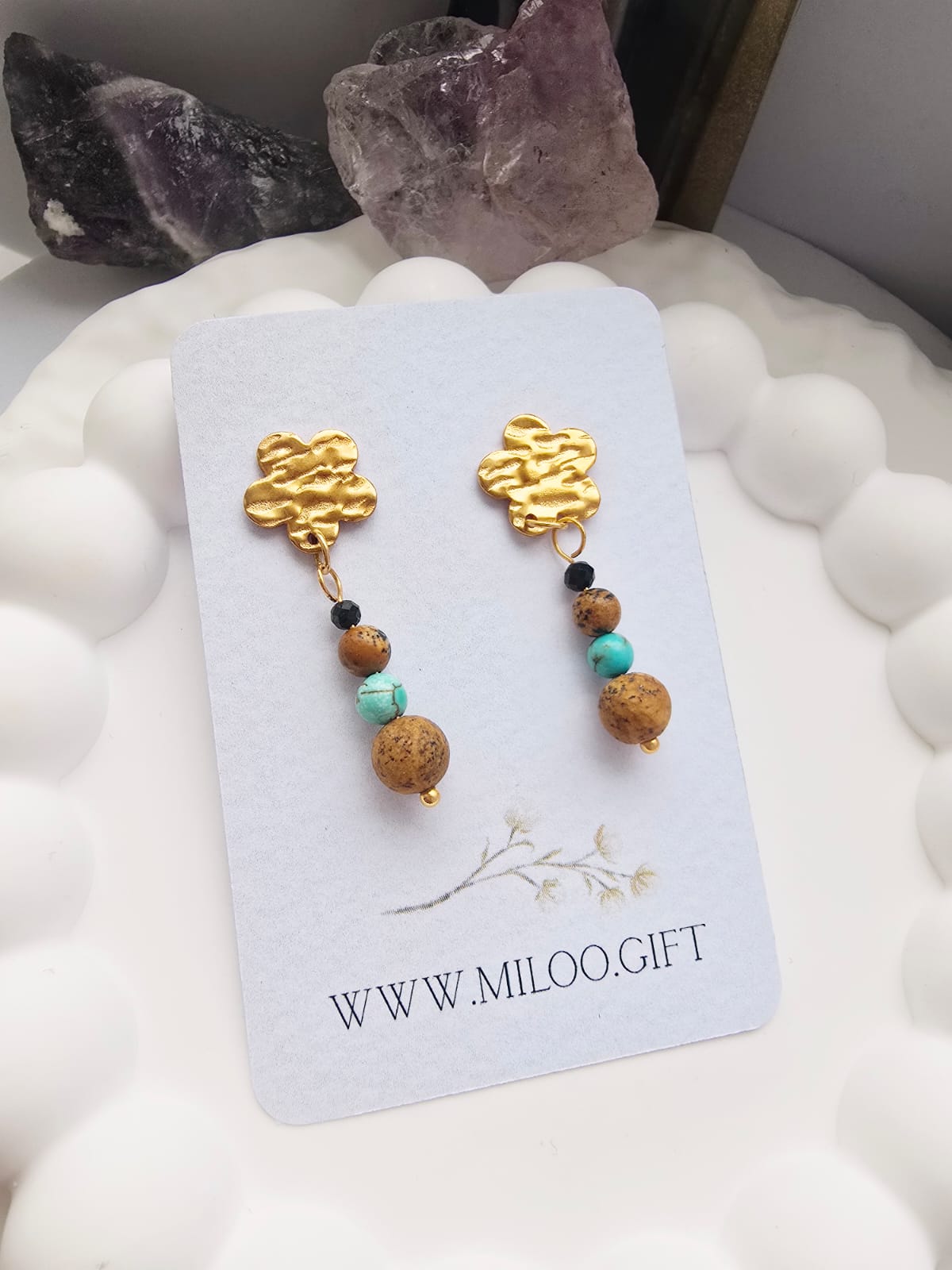 kolczyki z jaspisem brązowym, turkusem i czarnym turmalinem