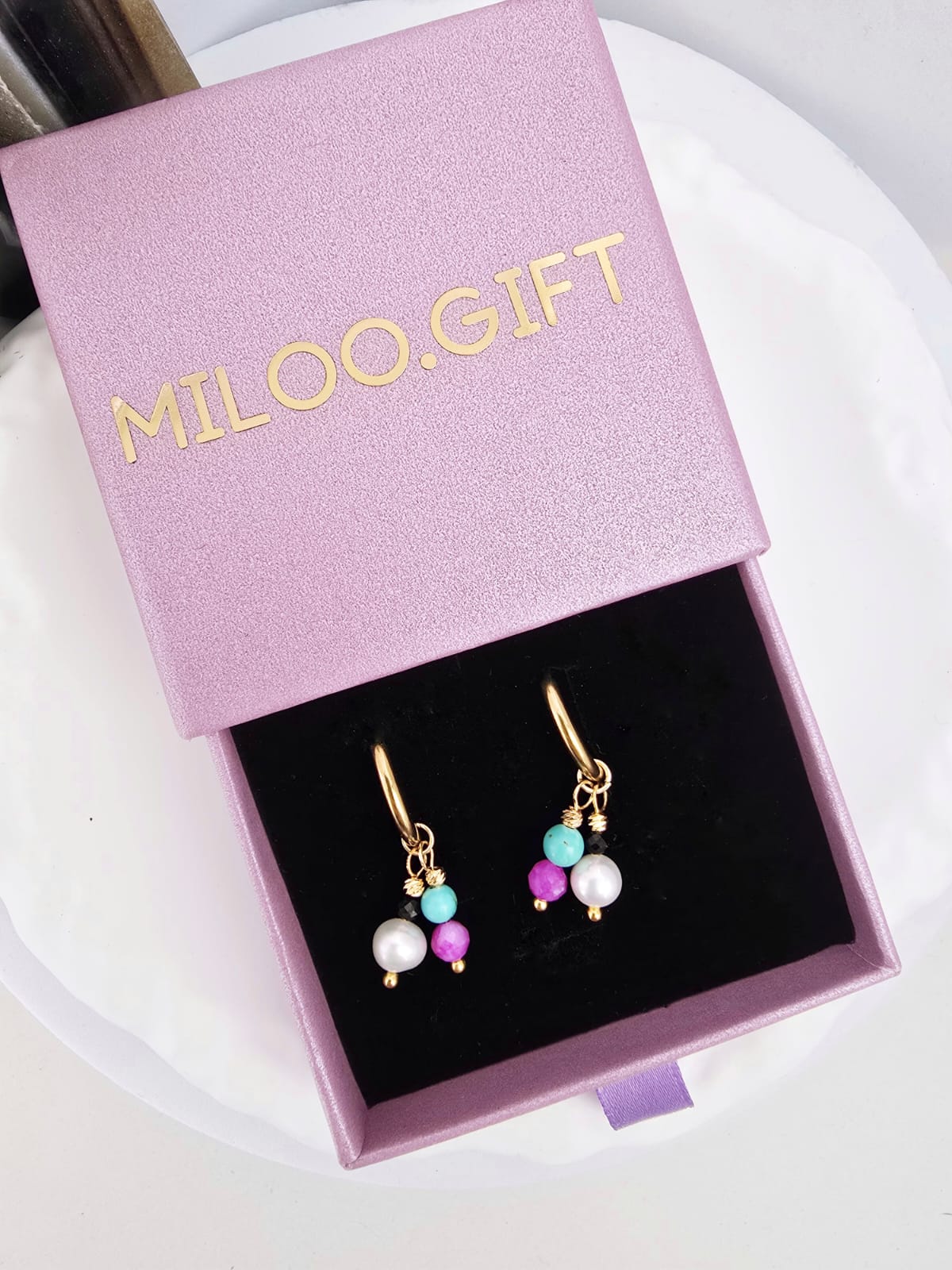 Kolczyki koła- turmalin, perła, turkus