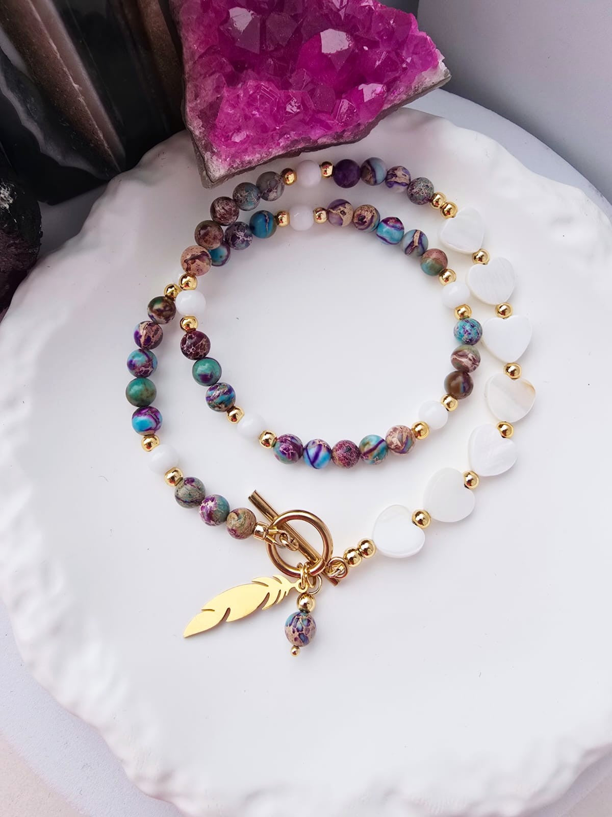 Naszyjnik z jaspisem cesarskim i masą perłową- Kamienie Naturalne | Miloo