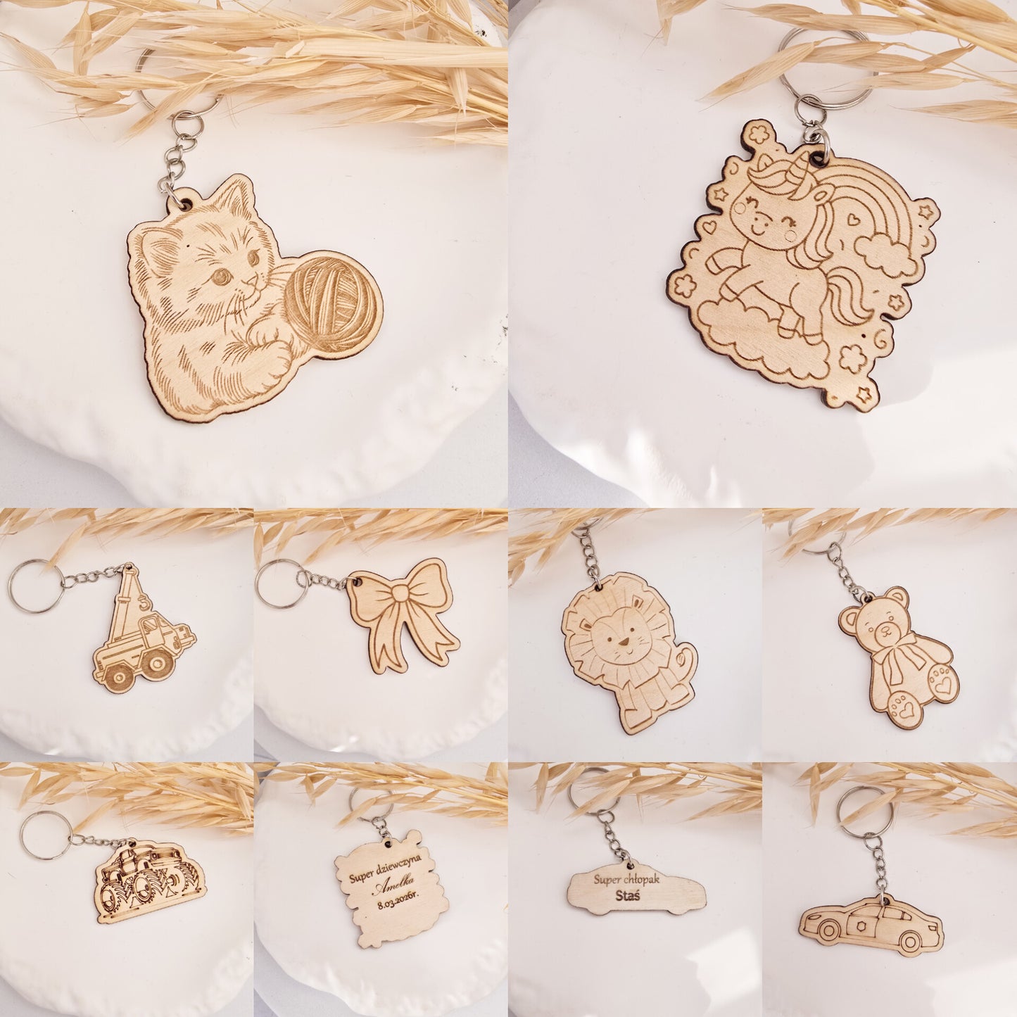 Drewniany breloczek jednorożec z tęczą – sklejka 3 mm | 5,5 x 5,5 cm | Personalizacja