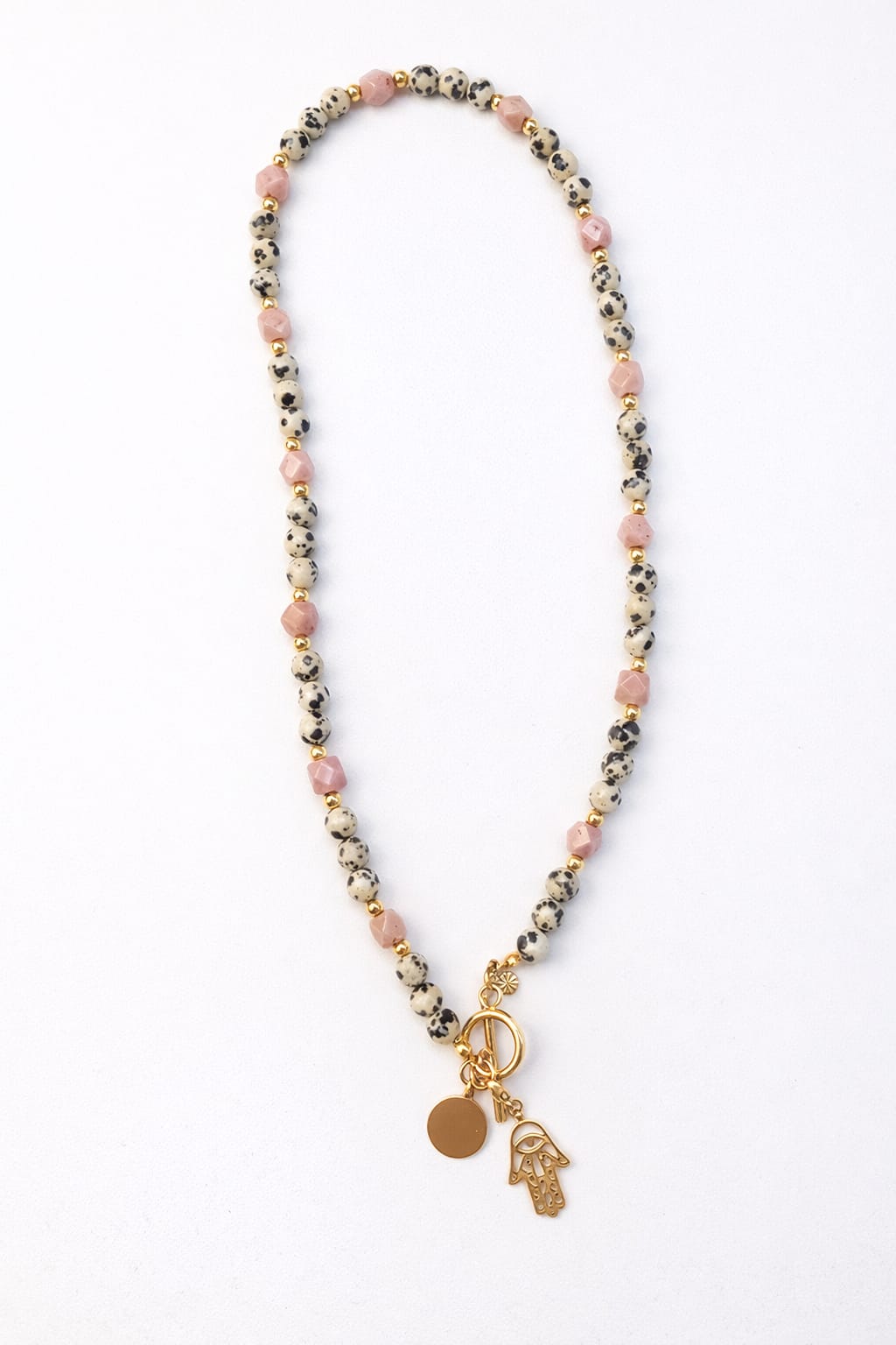 Naszyjnik z jaspisem dalmatyńskim i rodonitem – Ręka Opatrzności, 49 cm