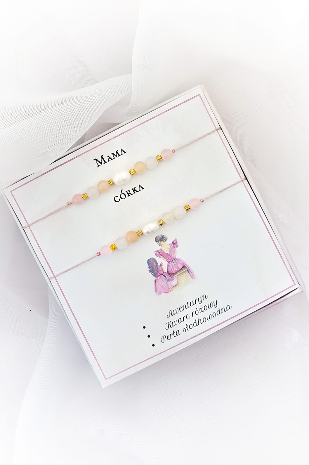Bransoletki dla mamy i córki- Kwarc różowy, perła słodkowodna, awenturyn