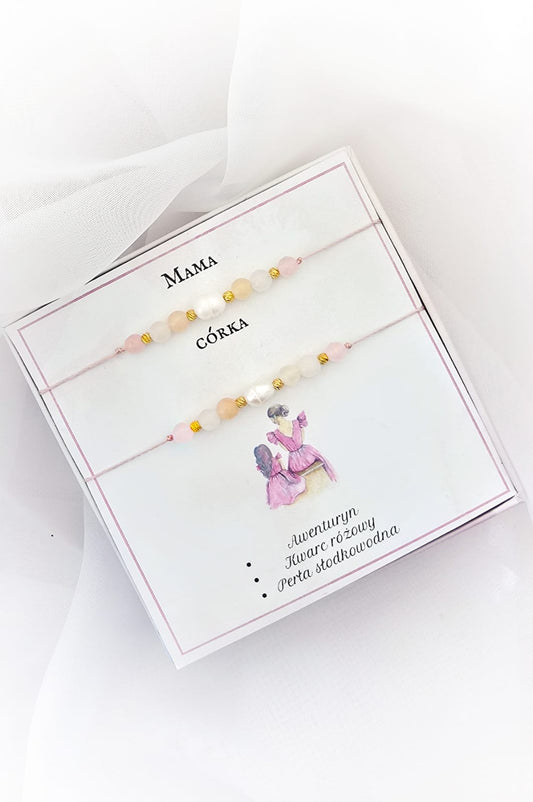 Bransoletki dla mamy i córki- Kwarc różowy, perła słodkowodna, awenturyn