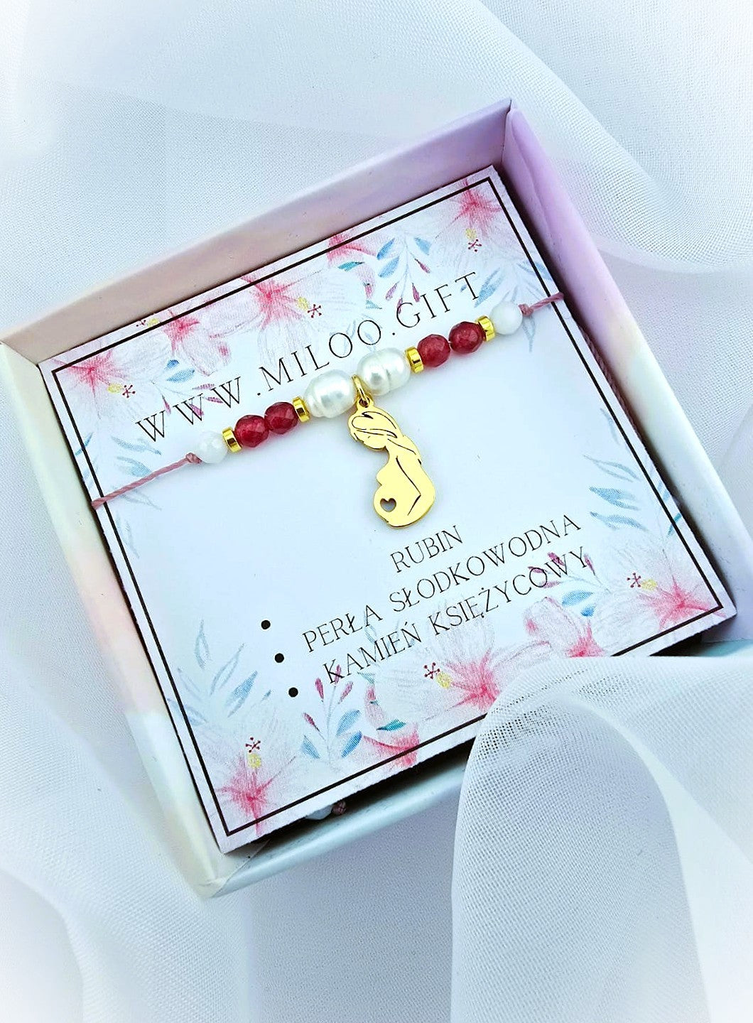 Bransoletka- mama- rubin, kamień księżycowy, perła słodkowodna