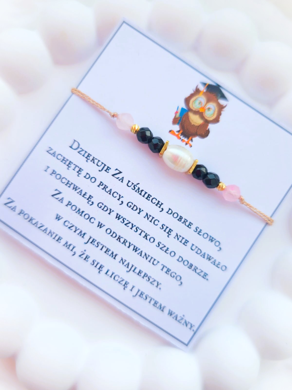 Bransoletka z perłą słodkowodną, onyksem i kwarcem różowym