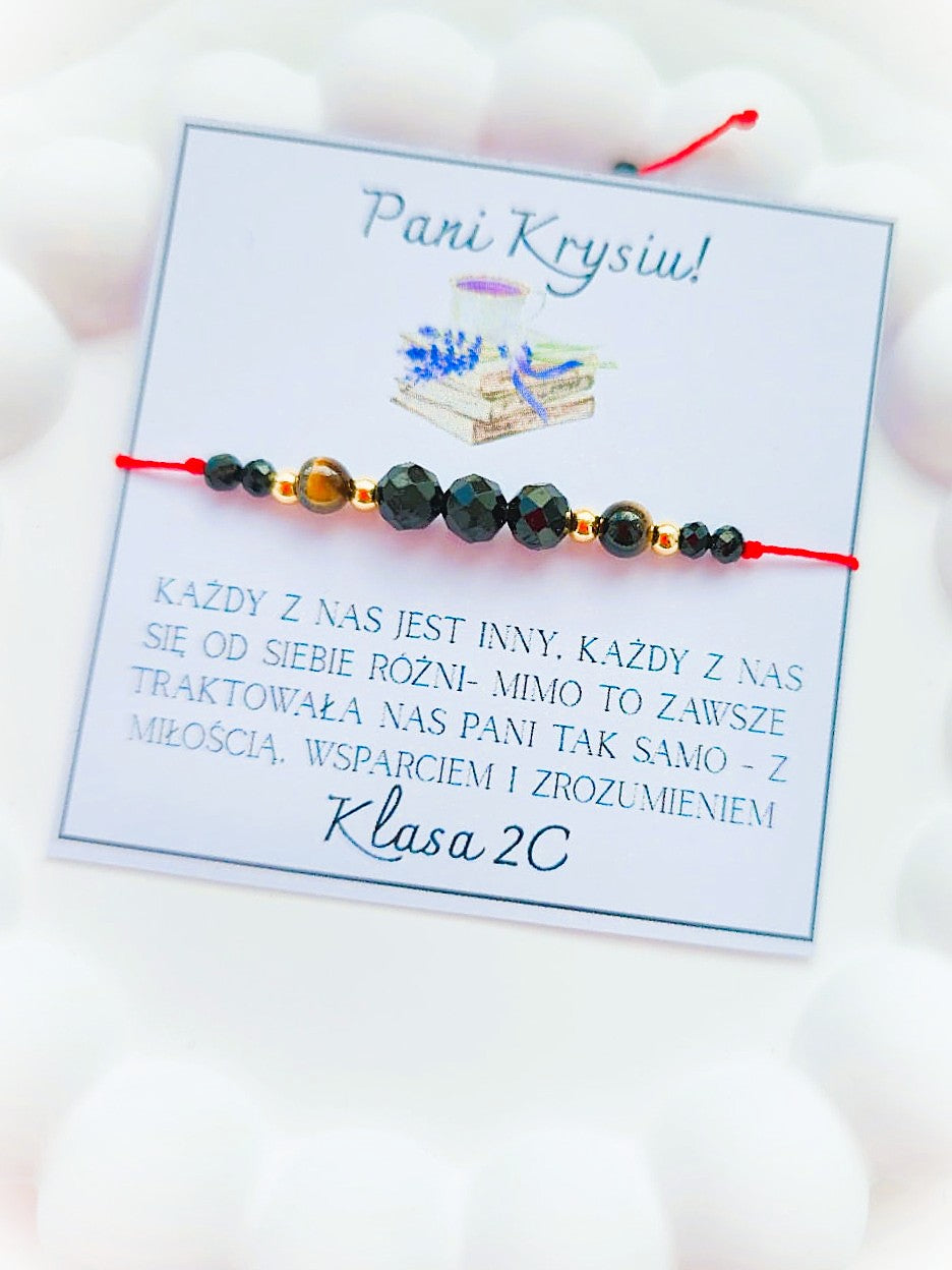 Bransoletka dla nauczyciela z tygrysim okiem, turmalinem i onyksem