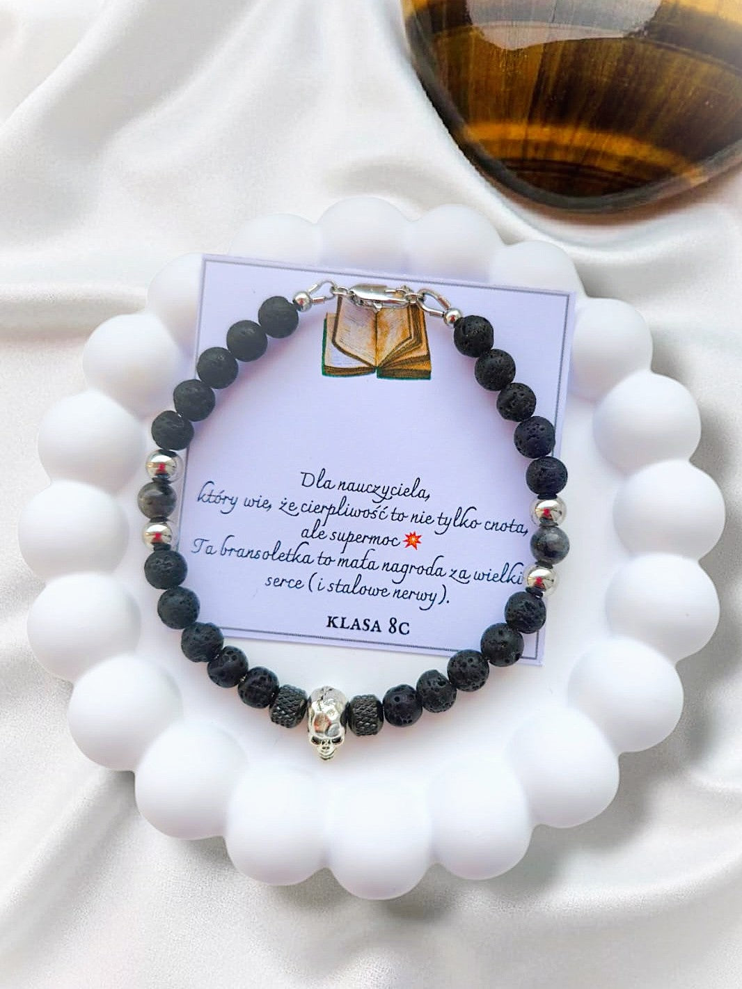 Bransoletka męska „Siła Wiedzy"- czarny labradoryt i lawa wulkaniczna