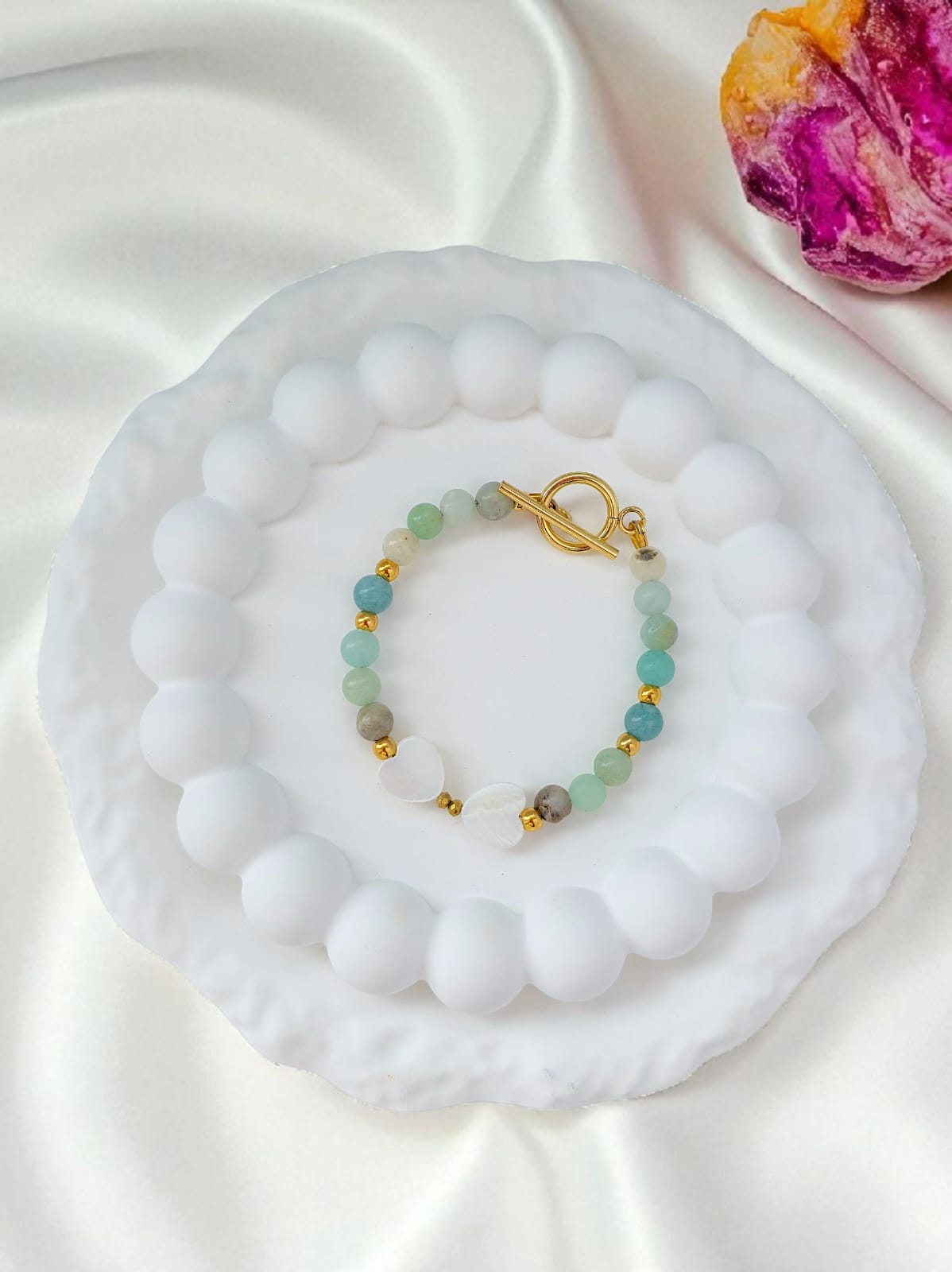 Bransoletka z amazonitem, masą perłową i hematytem