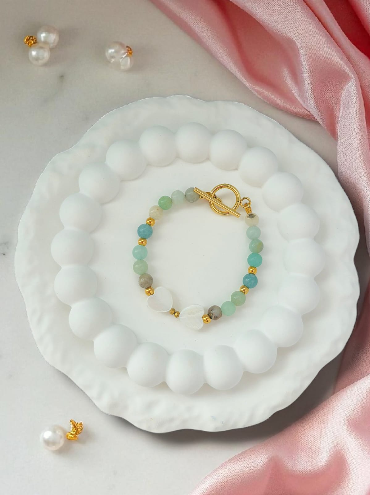 Bransoletka z amazonitem, masą perłową i hematytem