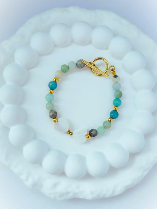 Bransoletka z amazonitem, masą perłową i hematytem