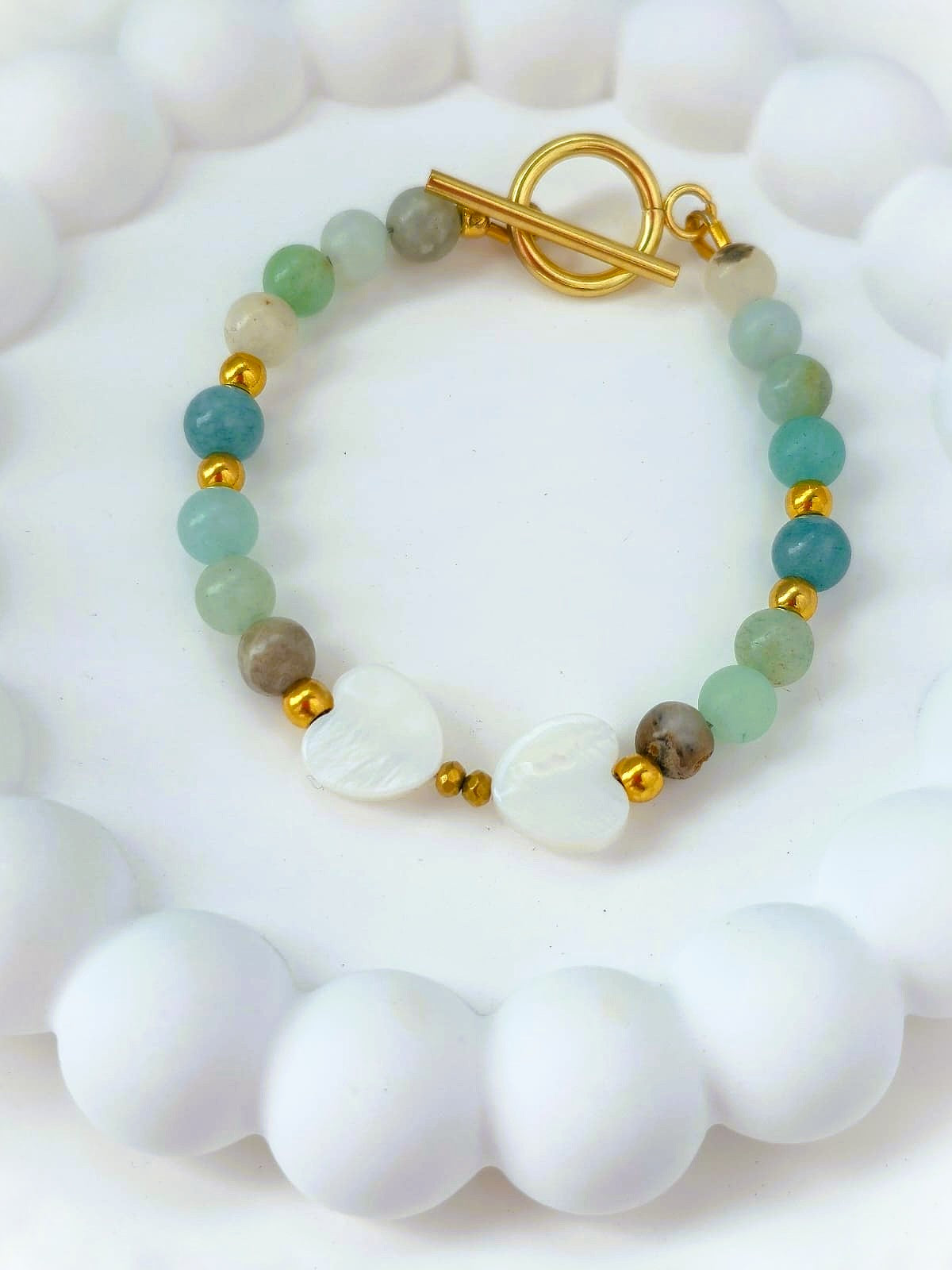 Bransoletka z amazonitem, masą perłową i hematytem