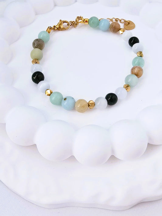 Bransoletka z amazonitem, kamieniem księżycowym, serpentynitem i hematytem