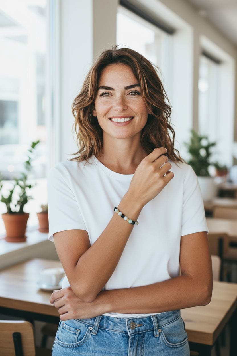 Bransoletka z amazonitem, kamieniem księżycowym, serpentynitem i hematytem