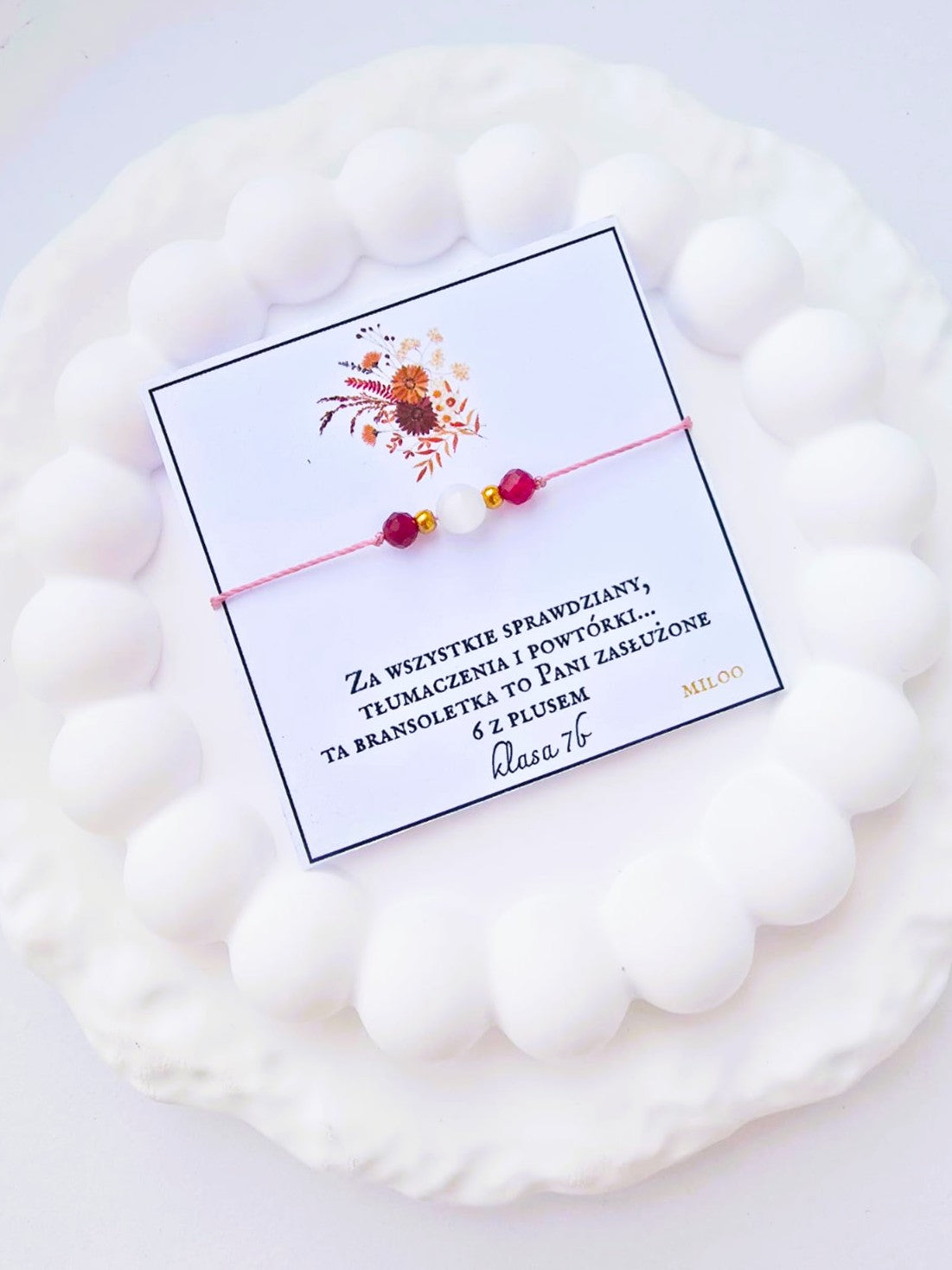 Bransoletka dla nauczyciela z kamieniem księżycowym i rubinem