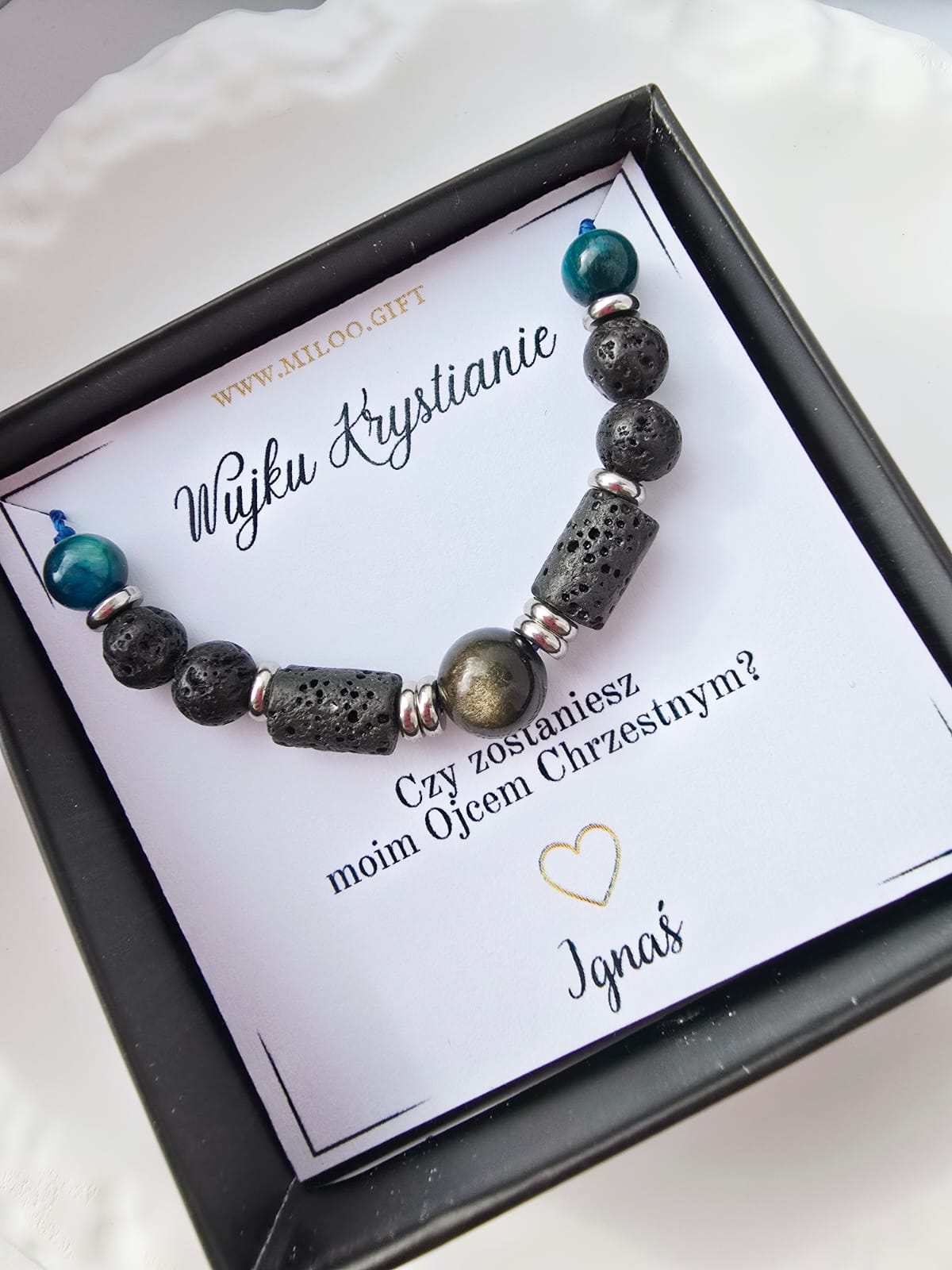 Bransoletka dla Ojca Chrzestnego tygrysie oko, lawa wulkaniczna,obsydian