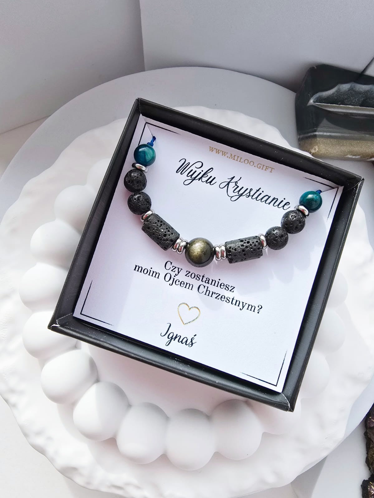 Bransoletka dla Ojca Chrzestnego tygrysie oko, lawa wulkaniczna,obsydian