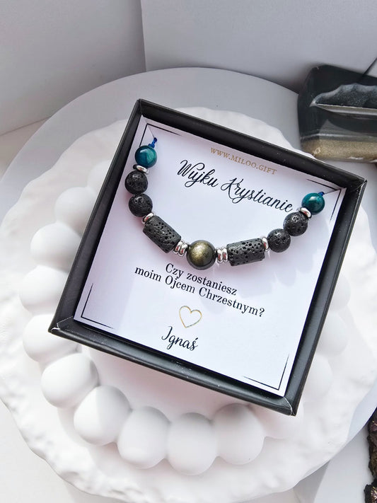 Bransoletka dla Ojca Chrzestnego tygrysie oko, lawa wulkaniczna,obsydian