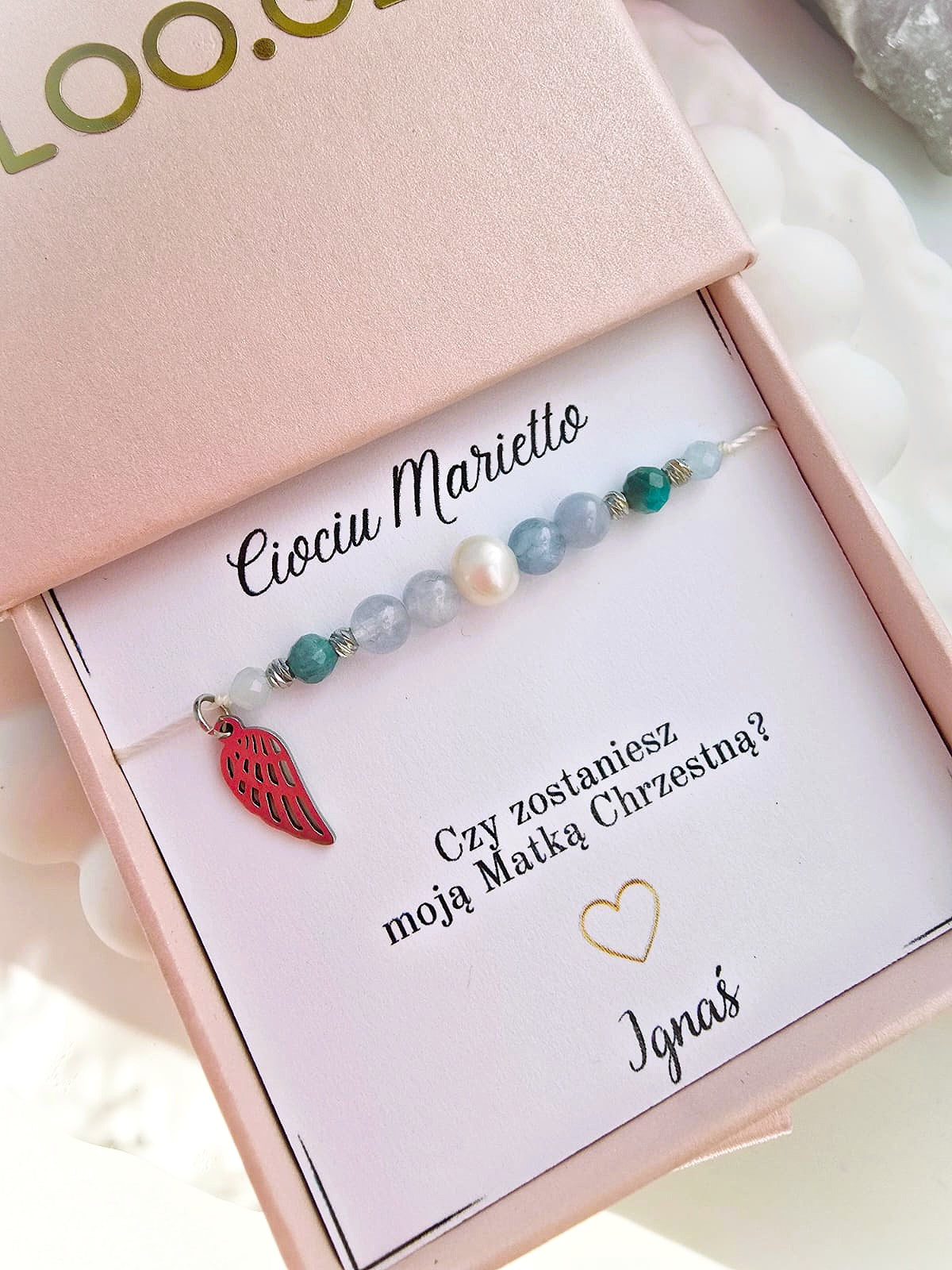 Bransoletka dla Matki Chrzestnej-  apatyt, akwamaryn, perła