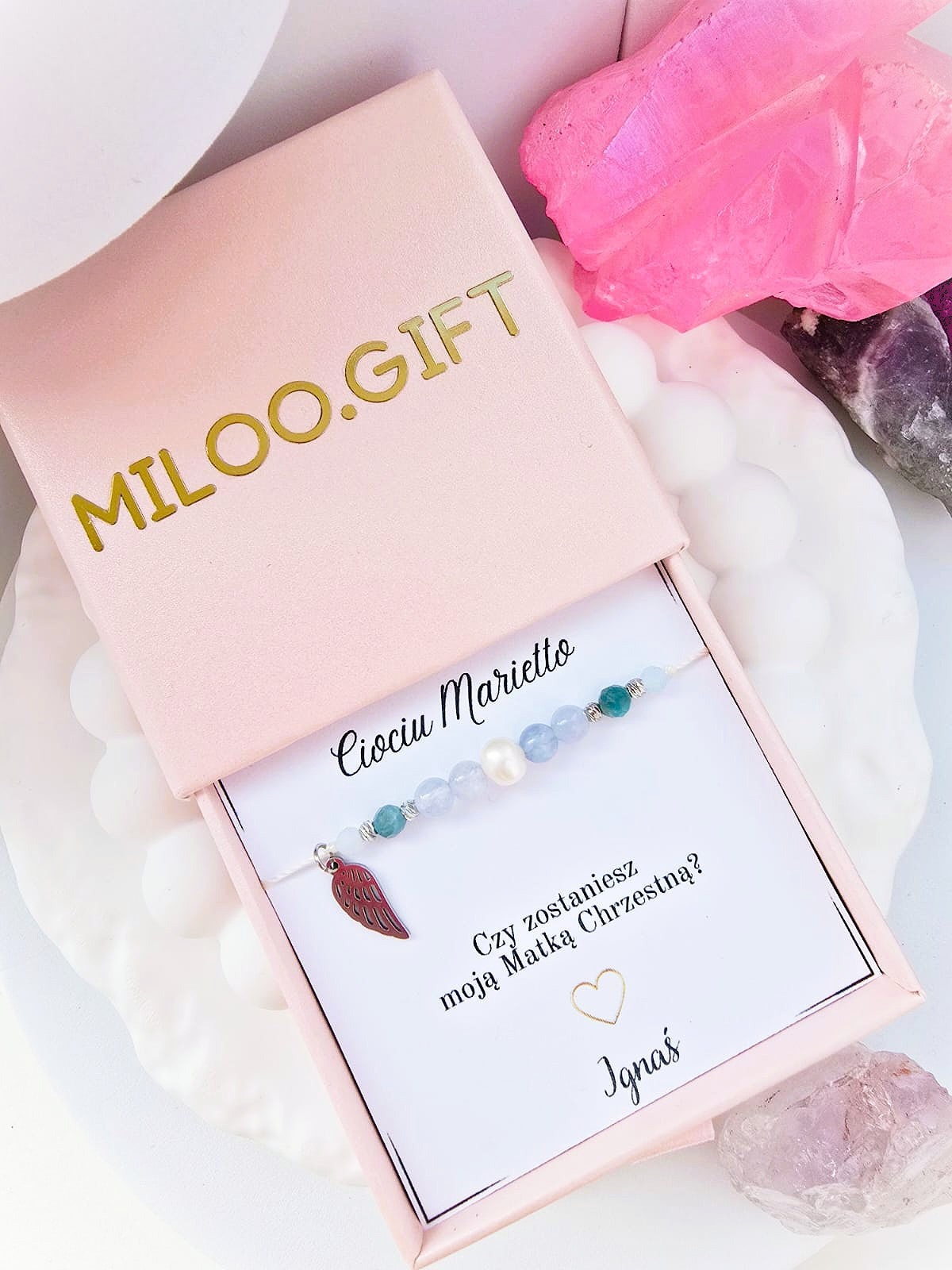 Bransoletka dla Matki Chrzestnej-  apatyt, akwamaryn, perła