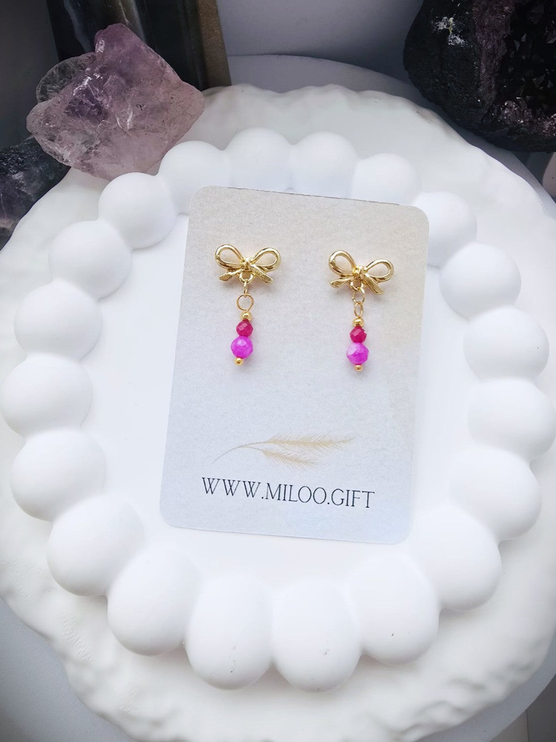 Kolczyki kokardki z różowym turmalinem