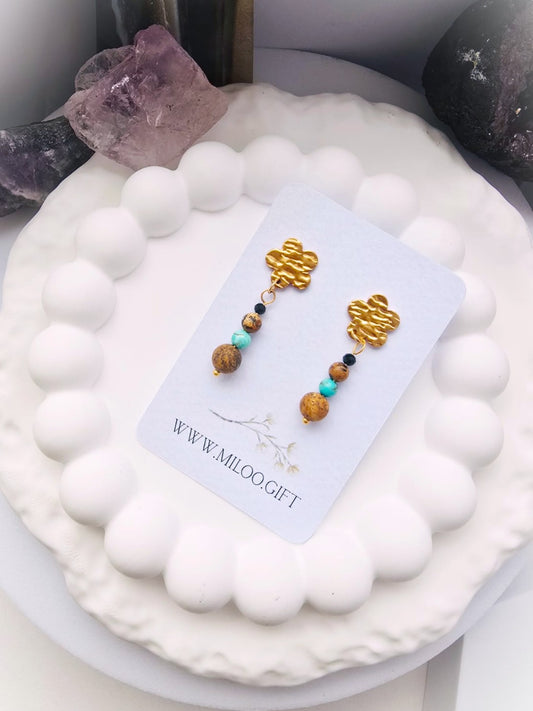 kolczyki z jaspisem brązowym, turkusem i czarnym turmalinem