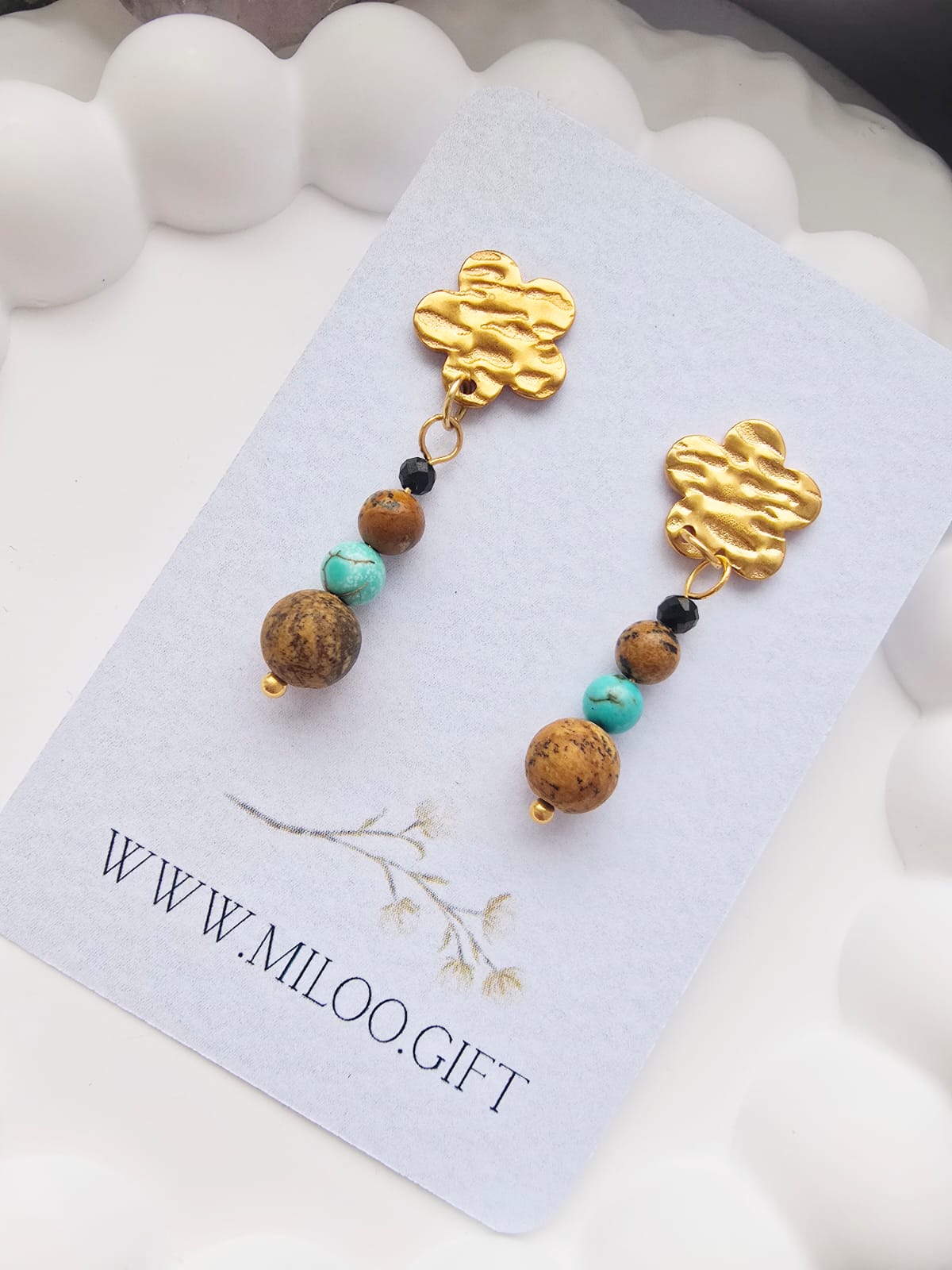 kolczyki z jaspisem brązowym, turkusem i czarnym turmalinem