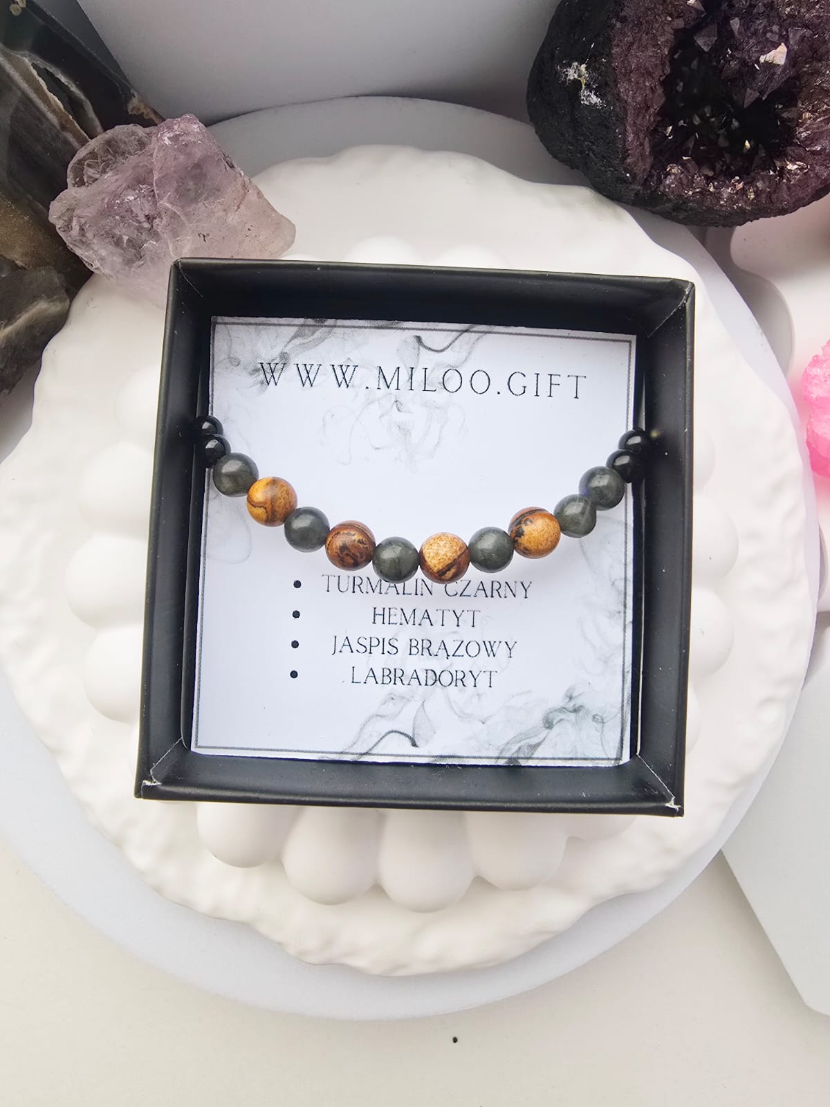 Bransoletka męska z labradorytem, jaspisem brązowym, turmalinem czarnym