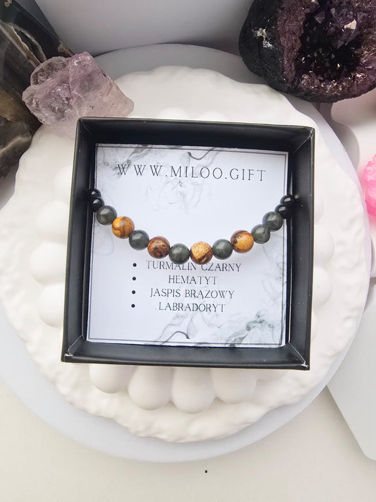 Bransoletka męska z labradorytem, jaspisem brązowym, turmalinem czarnym