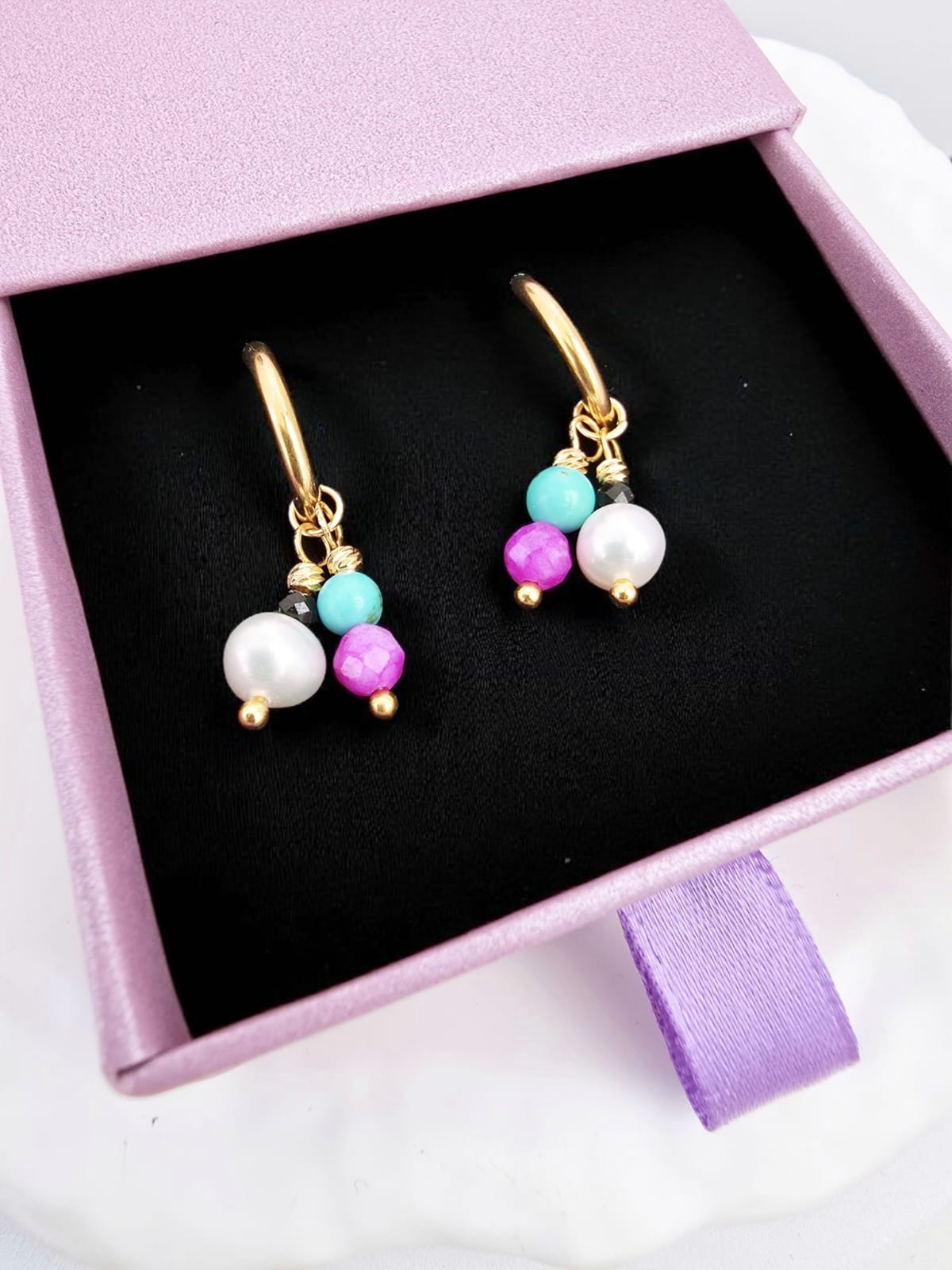 Kolczyki koła- turmalin,  perła, turkus