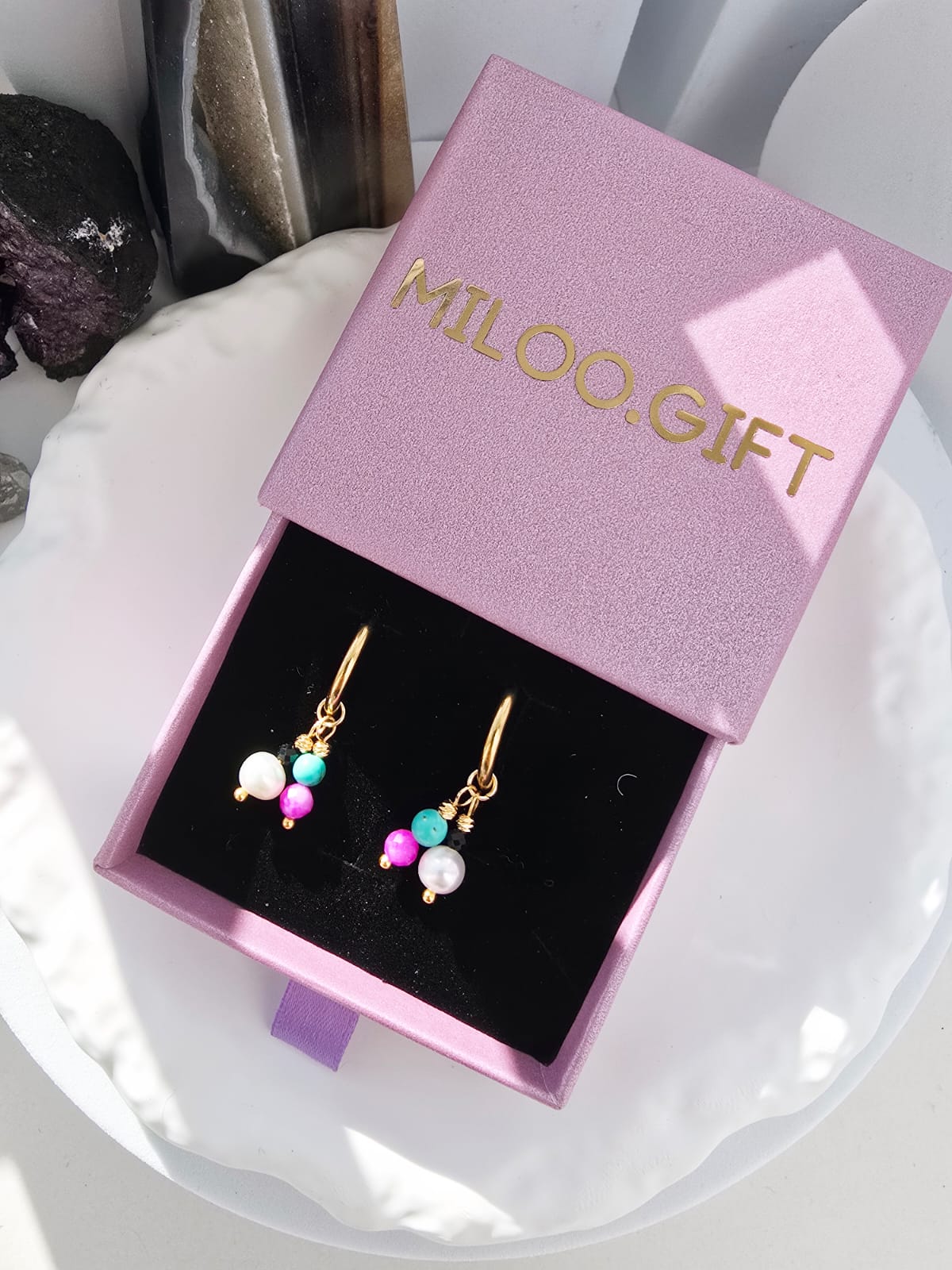 Kolczyki koła- turmalin,  perła, turkus