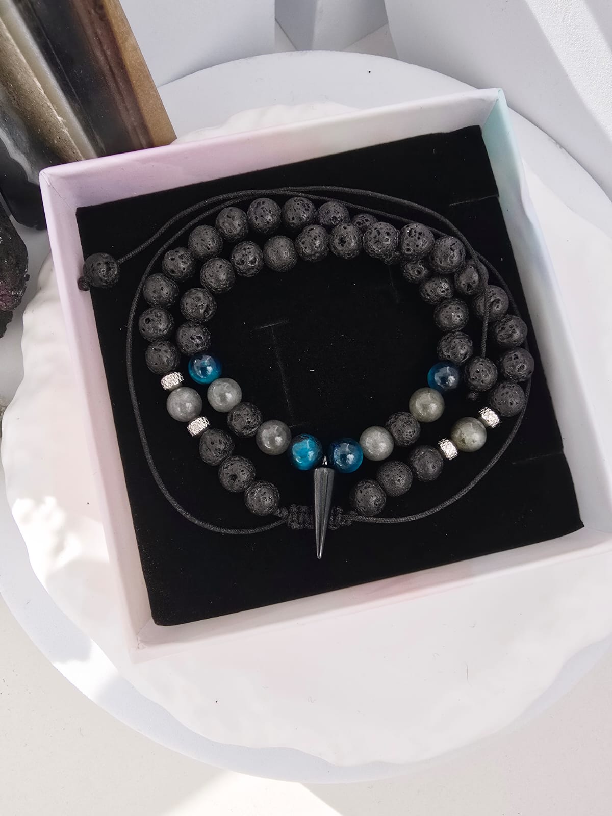 Naszyjnik męski- lawa wulkaniczna, labradoryt, tygrysie oko