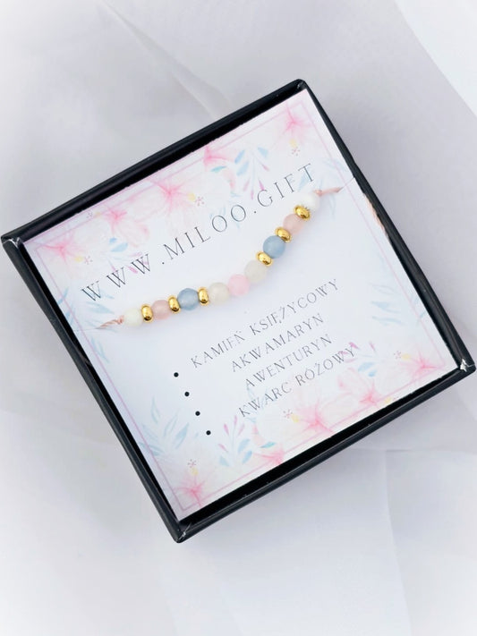 Bransoletka z kamieniem księżycowym, kwarcem różowym, akwamarynem i awenturynem