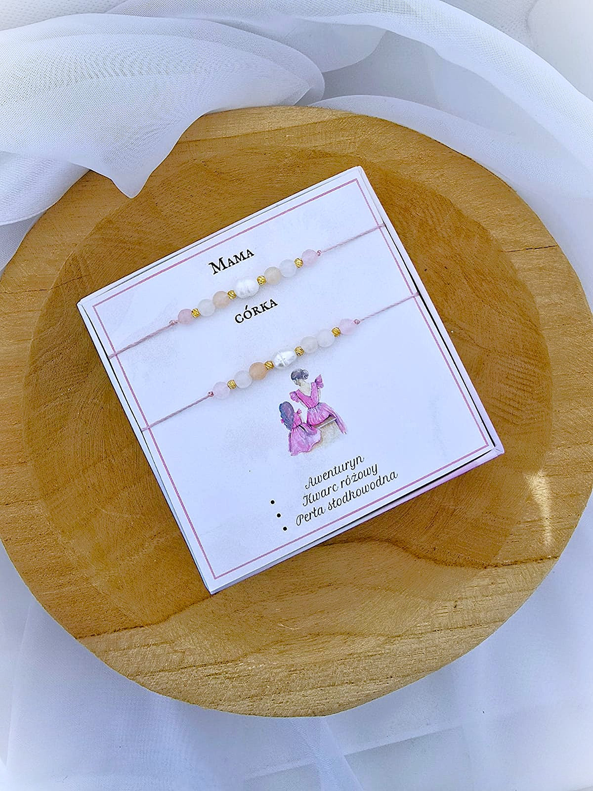 Bransoletki dla mamy i córki- Kwarc różowy, perła słodkowodna, awenturyn