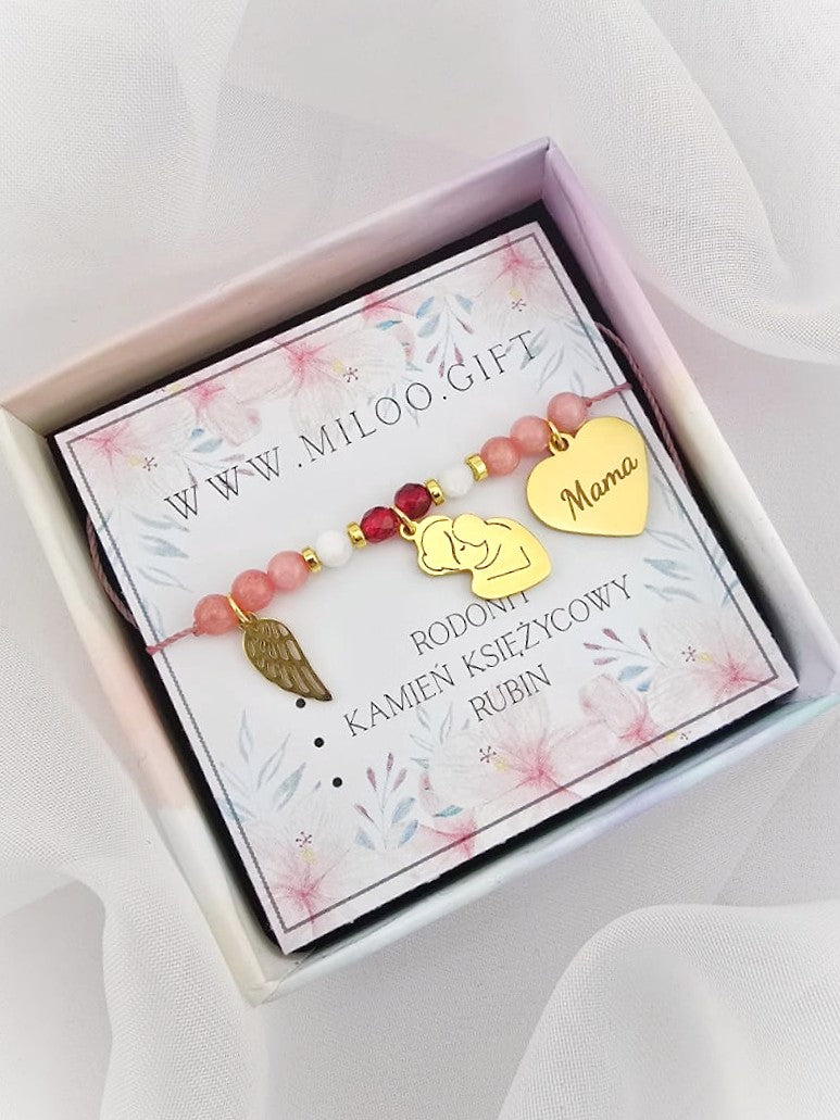 Bransoletka- mama- rubin, rodonit, kamień księżycowy