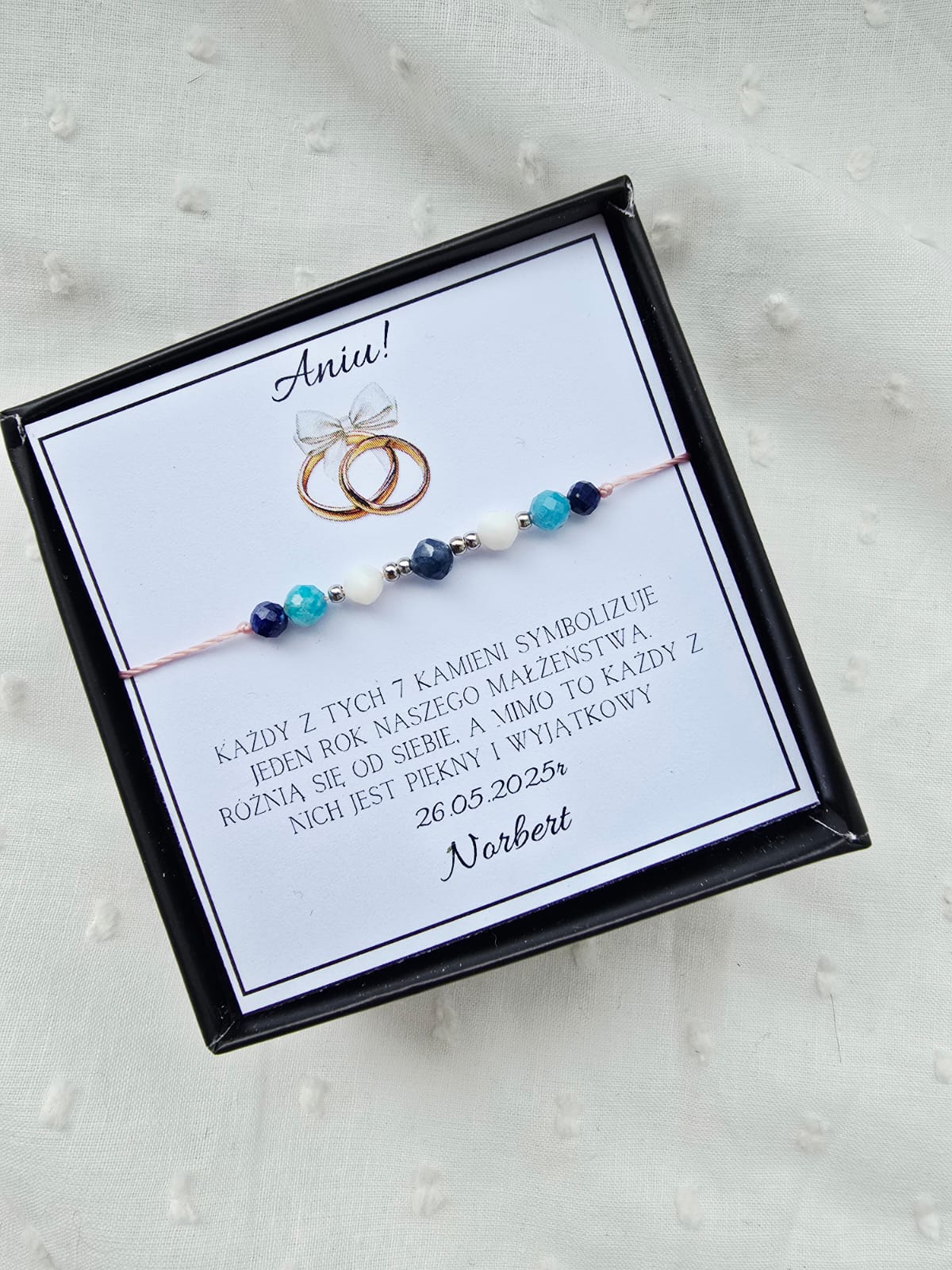 Bransoletka na rocznicę ślubu-lapis lazuli, apatyt, kamień księżycowy, turmalin czarny
