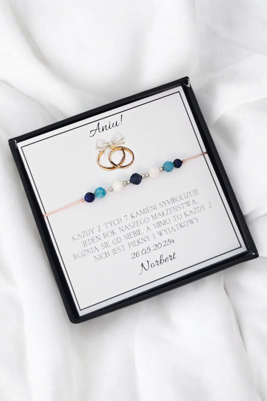 Bransoletka na rocznicę ślubu-lapis lazuli, apatyt, kamień księżycowy, turmalin czarny