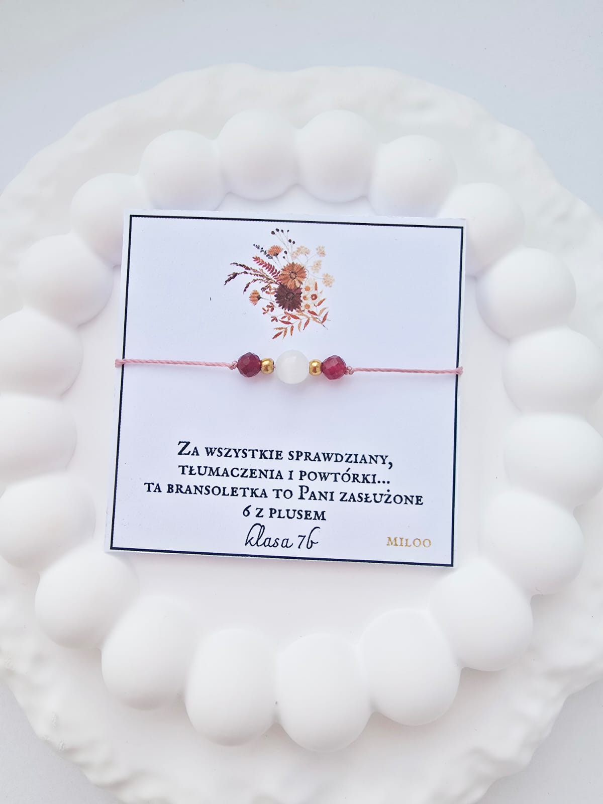 Bransoletka dla nauczyciela z kamieniem księżycowym i rubinem