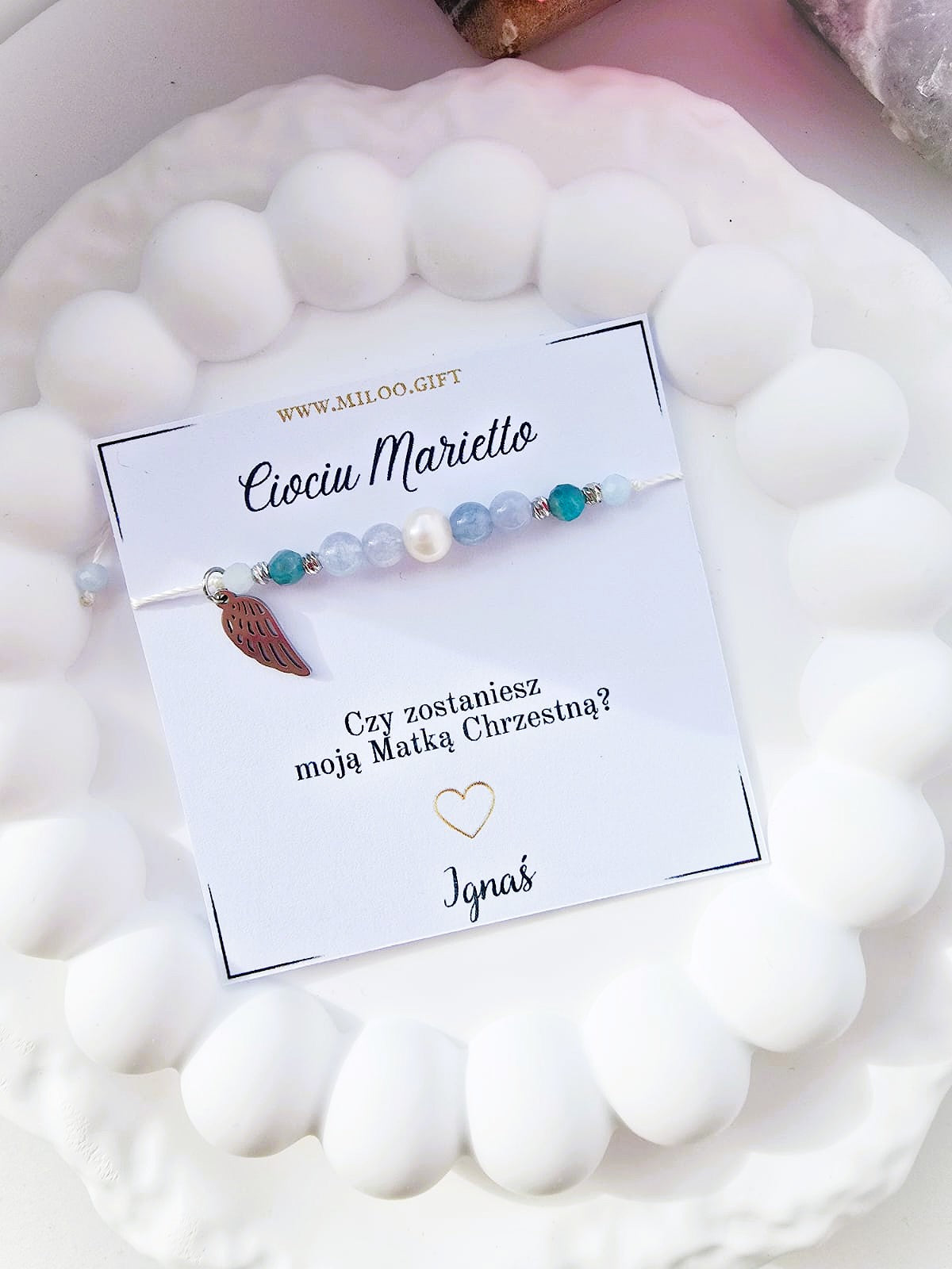 Bransoletka dla Matki Chrzestnej-  apatyt, akwamaryn, perła