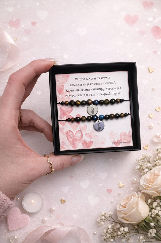 Bransoletki dla par „Dama & Król” z kamieni naturalnych – tygrysie oko i czarny turmalin