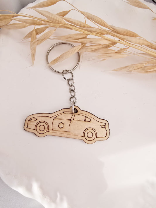 Drewniany breloczek samochód policyjny – sklejka 3 mm | 7 x 3,5 cm | Personalizacja