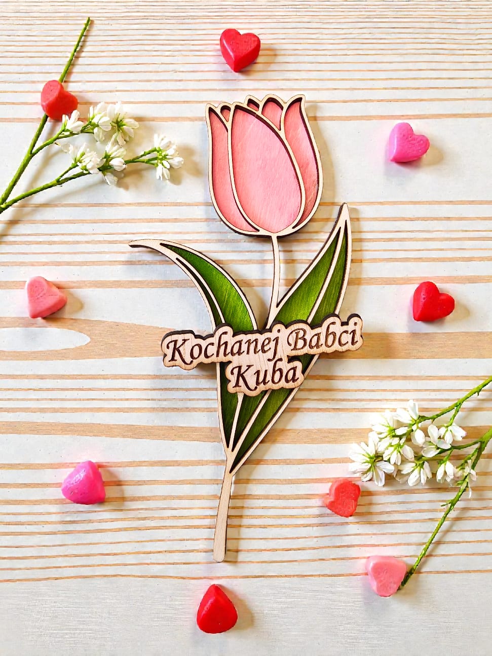 Drewniany tulipan z dedykacją- personalizowany prezent ze sklejki 3mm