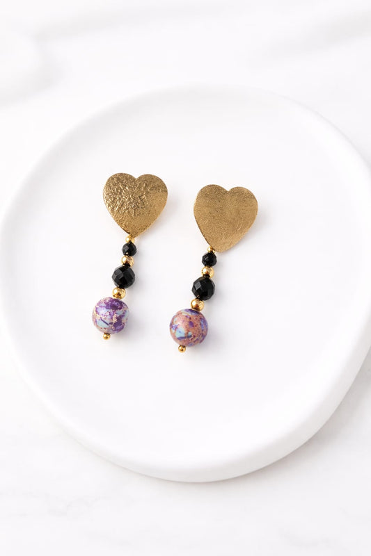 Kolczyki z turmalinem czarnym i jaspisem cesarskim – serce 4 cm