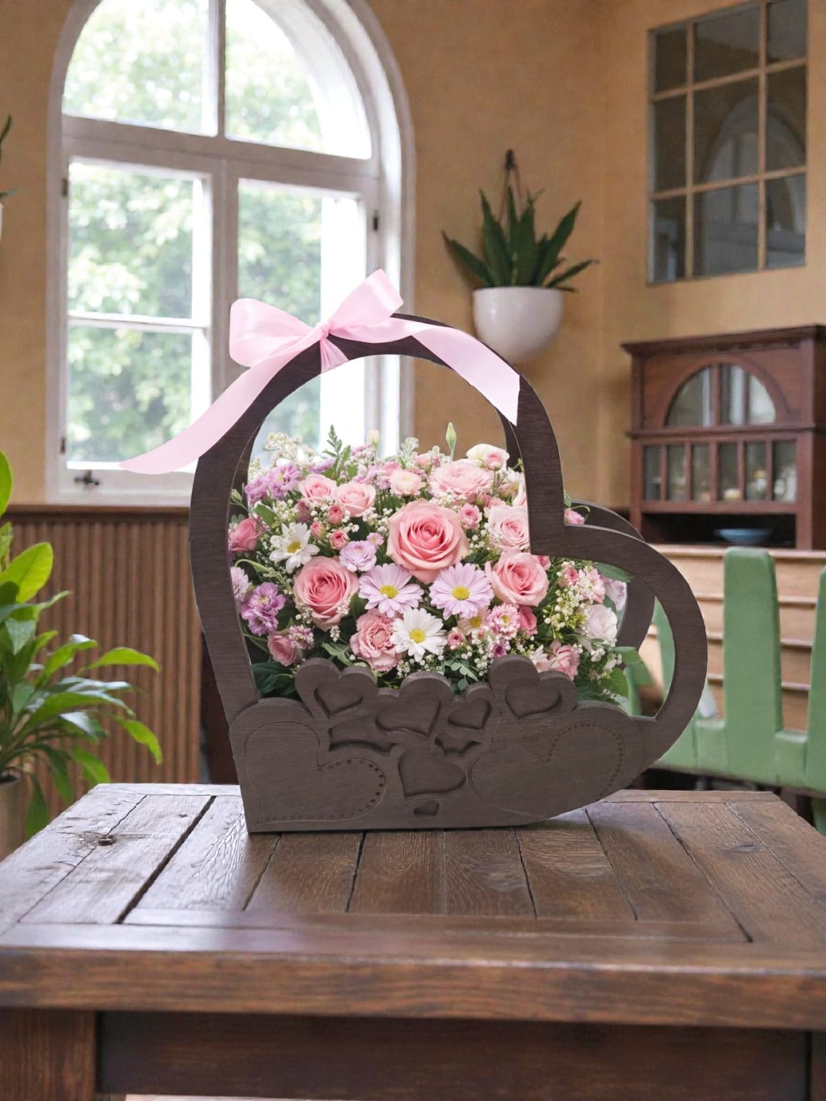 Koszyczek w kształcie serca z płyty HDF wenge – idealny na kwiaty i prezenty