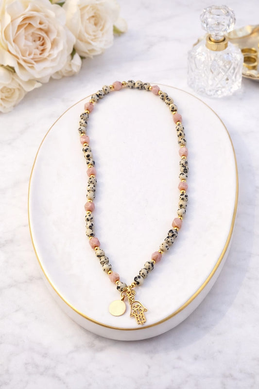 Naszyjnik z jaspisem dalmatyńskim i rodonitem – Ręka Opatrzności, 49 cm