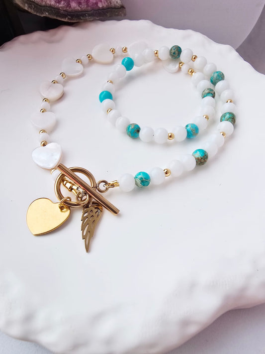 naszyjnik- choker  z masą perłową, tridacna i turkusem z osadami morskimi - Kamienie Naturalne | Miloo